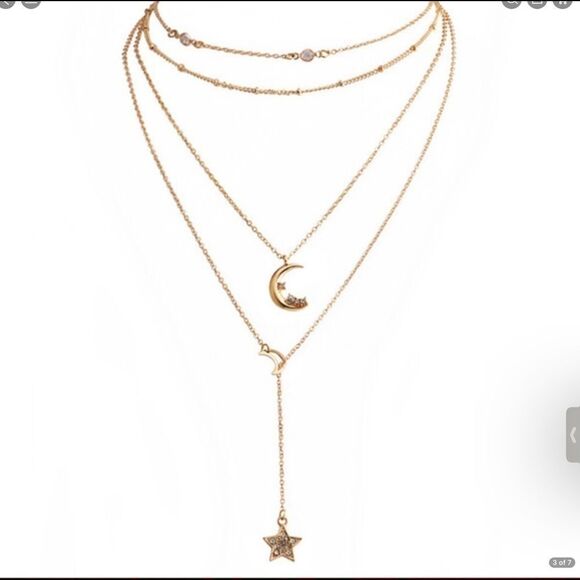 MultiLayer Moon Star Gold Tone Necklace - Picture 3 of 5